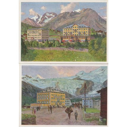 Saas Fee Wallis Schweiz Switzerland Grand Hotel Painting 2x Postcard s