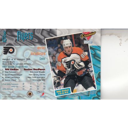 ERIC LINDROS 1994 AUTOGRAPHED PHILADELPHIA FLYERS ALL-STAR CENTER CHAMPION CARD