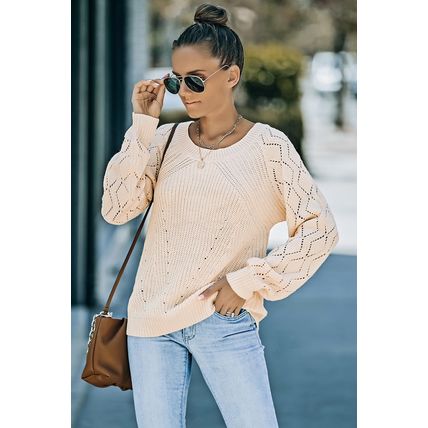 Beige Hollow-out Puffy Sleeve Knit Sweater