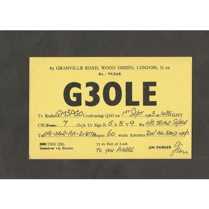 QSL Card G3OLE Jim Parker Granville Road Wood Green London