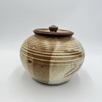 Vintage Lake Superior Art Studio Pottery Jar speckled brown ombre glaze Lidded