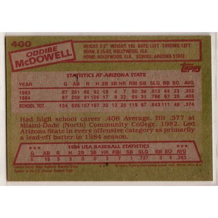 1985 Topps Baseball card 400 Oddibe McDowell USA Team RC