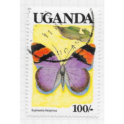UGANDA 1989 BUTTERFLIES BANDED FORESTER BLACK COUNTRY NAME 100/- USED