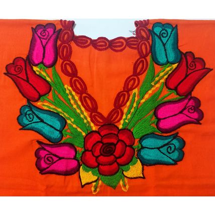 Multicolor Roses Bouquet Embroidered Cotton Canvas Orange Blouse Chiapas Mexico