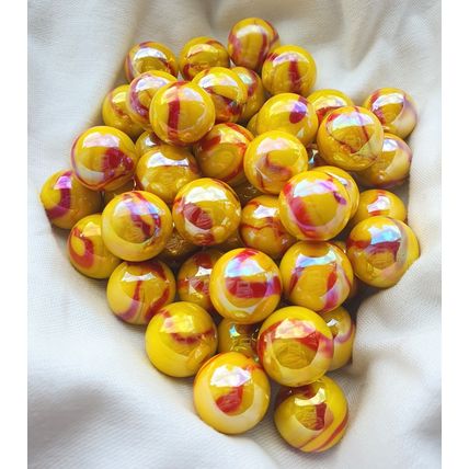SOLAR - 25 Beautiful Glass Marbles, Shiny Yellow with Red Swirl, 16mm, Brand New