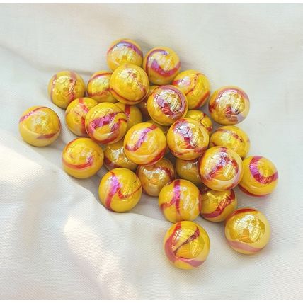 SOLAR - 25 Beautiful Glass Marbles, Shiny Yellow with Red Swirl, 16mm, Brand New