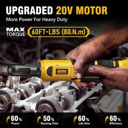 3/8" Cordless Ratchet Wrench Set, 60Ft-Lbs(80N.M) Electric Ratchet, 2 X 20V Char