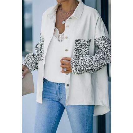 White Contrast Leopard Denim Jacket