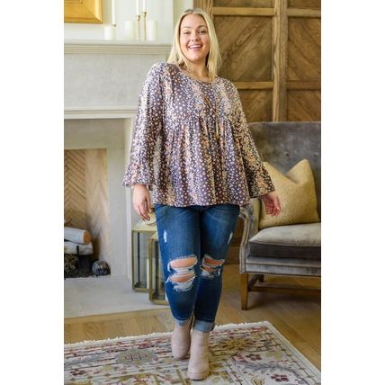 Purple Floral Print Round Neck Plus Size Babydoll Blouse