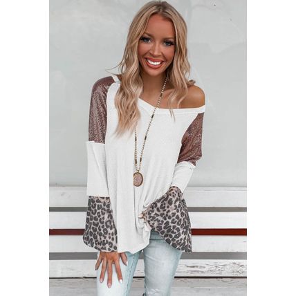 White Sequin Patchwork Bell Sleeve V Neck Tunic Top