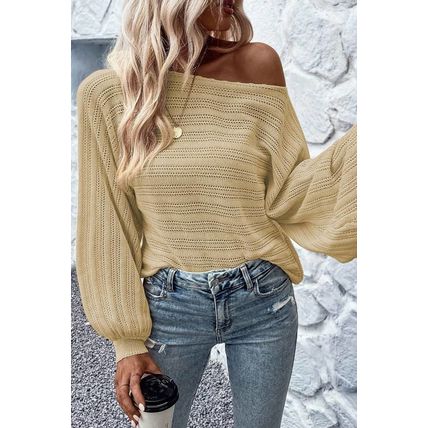 Apricot Lantern Sleeve Eyelets Textured Knit Sweater