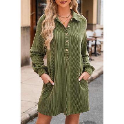 Moss Green Corded Buttons Placket Drop Shoulder Collared Shift Dress