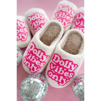 White Dolly Vibes Only Slip On Plush Slippers