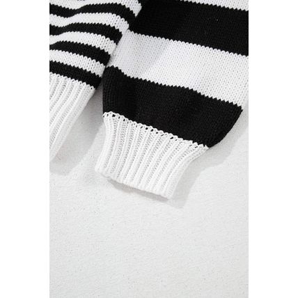 Black white Striped Drop Shoulder Bishop Sleeve Knit Sweater
