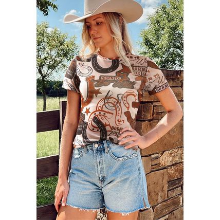 Brown Western Horseshoe Printed Mesh T Shirt