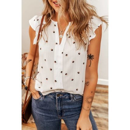 White Polka Dot Print Ruffled Shoulder V Neck Tank Top