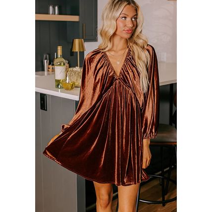Clay Elastic V Neck Puff Sleeve Short Velvet Dress