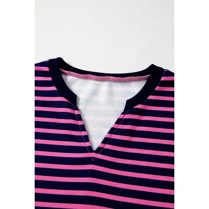 Pink Stripe Color Block V Neck Loose Fit Long Sleeve Top