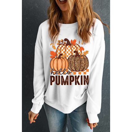 White Hello Pumpkin Thanksgiving Graphic Sweatshirt