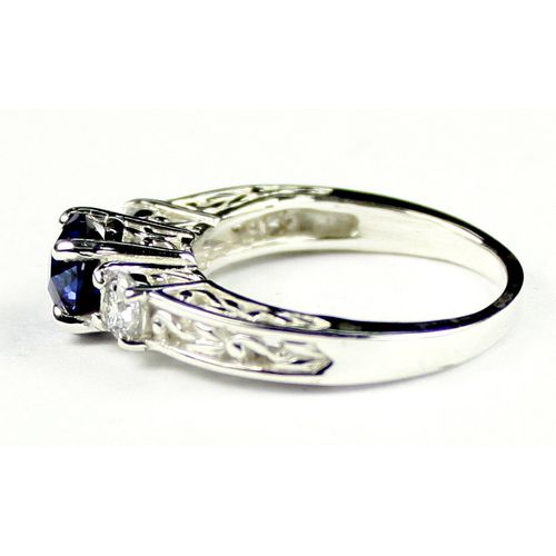 Created Blue Sapphire w/ Two 4mm CZ Accents, 925 Sterling Silver Engagement Ring