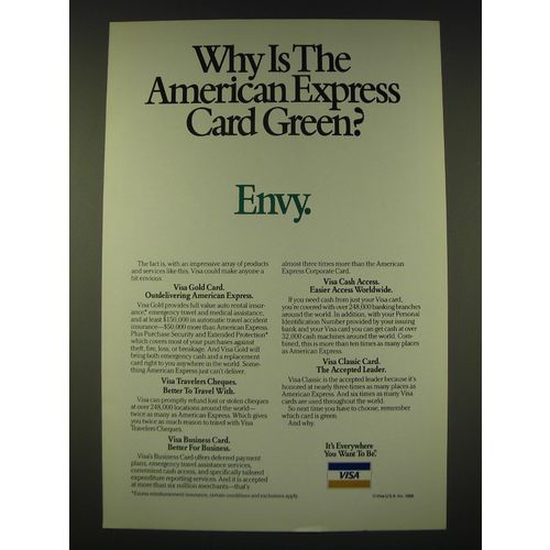 1989 VISA Card Ad - Why is the American Express card Green? Envy.