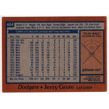 1978 Topps baseball card 464 Jerry Grote - Dodgers