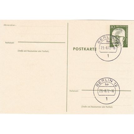 Berlin 30pf Heinemann Postal Stationary Postcard FDI Berlin cancel unaddressed