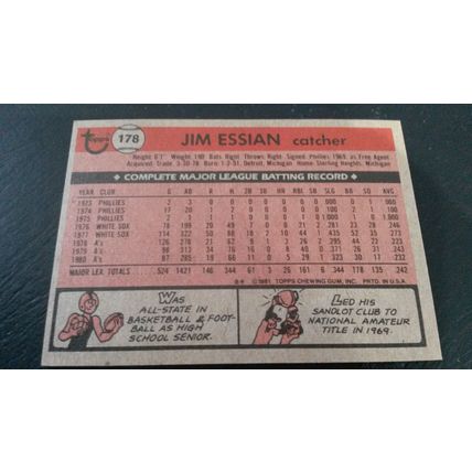 1981 Topps Card # 178 Jim Essian Very Good-Excellent (4) Oakland Athletics