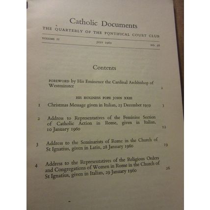 CATHOLIC DOCUMENTS.. addresses of POPE JOHN XXIII in 1959/60 32 page p/b