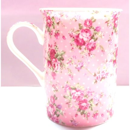 Ditsy Rose Mug Fine China Pink Roses on a Pink Background 10 CM