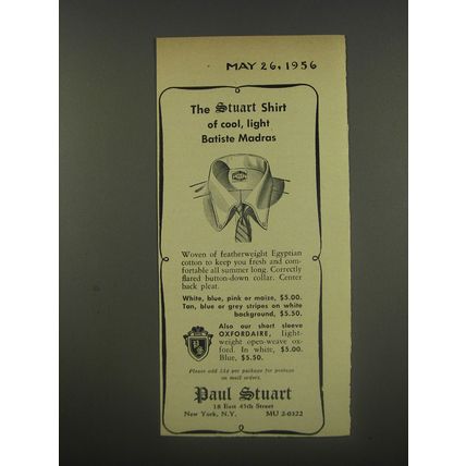 1956 Paul Stuart Shirts Ad - The Stuart shirt of cool, light batiste madras