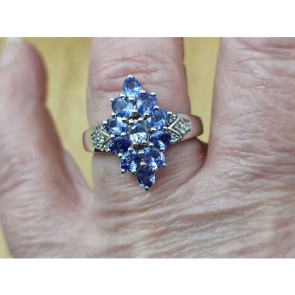 Natural Tanzanite Zircon Rhombus Cluster Ring Sz P½ Platinum Overlay 925 Silver