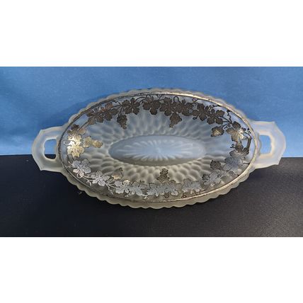 VINTAGE ART DECO OVAL GLASS & SILVER OVERLAY RELISH DISH