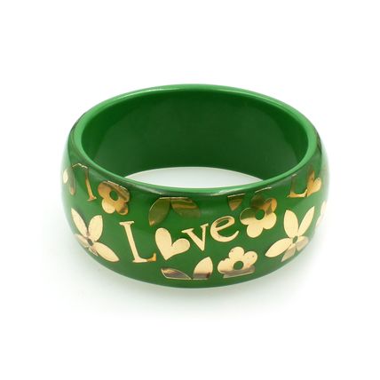 Acrylic Bangle w/ Loves & Flowers Bracelets - Green Color - BR-OB00182GRN
