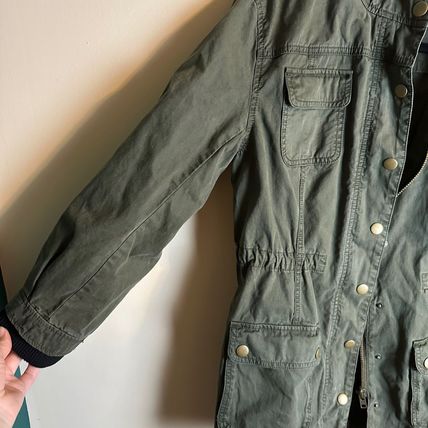 Halogen Women's Utility Jacket S Hooded High Neck Army Green Zip Pockets