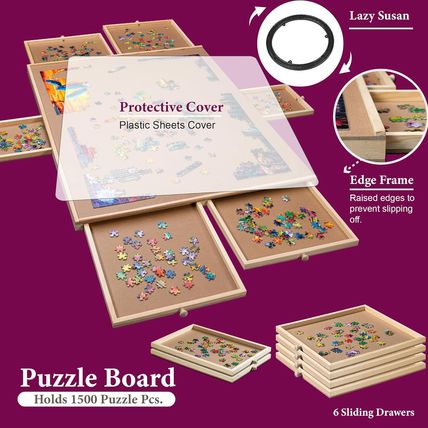 Playvibe 1500 Piece Rotating Puzzle Board with Drawers and Cover - Sturdy Jigsaw