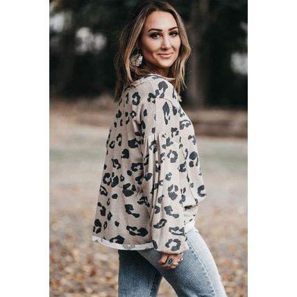 Gray Printed Leopard Balloon Sleeve Thermal Knit Plus Size Top