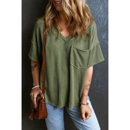 Jungle Green Corded V Neck Chest Pocket Loose T-shirt