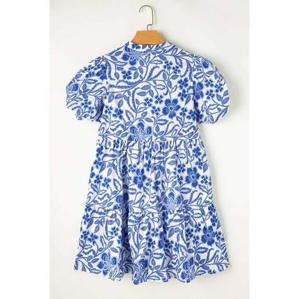 Blue Flower Print Puff Sleeve Tiered Dress