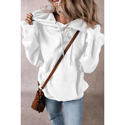 White Fleece Lined Kangaroo Pocket Drawstring Chunky Hoodie