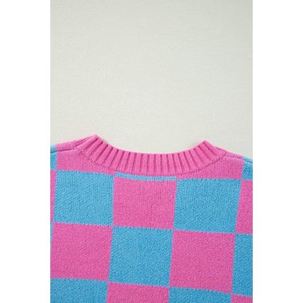 Sachet Pink Colorblock Plaid Pattern Ribbed Trim Sweater Tank Top