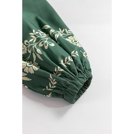 Mist Green Tie Neck Boho Floral Pattern Puff Sleeve Shift Dress