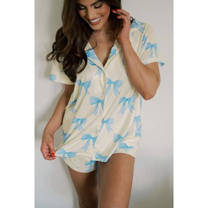 Yellow Bow Printed Short Sleeve Shirt Shorts Pajama Set