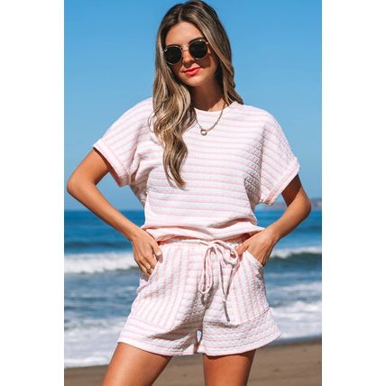 Pink Stripe Knitted Short Sleeve Top and Drawstring Shorts Set