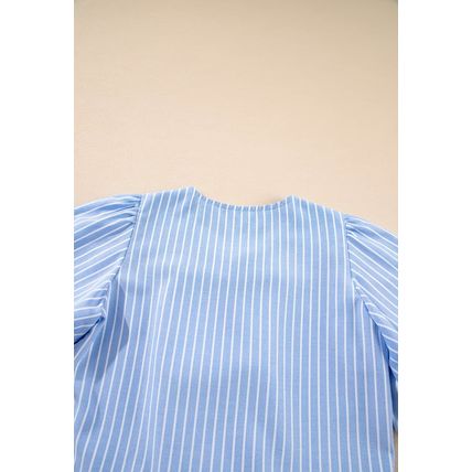 Sky Blue Striped Bowknot Detail Puffy Sleeve Top and Shorts 2Pcs Set