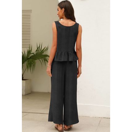 Black Solid Color Ribbed Ruffle Tank Top and Pants Set