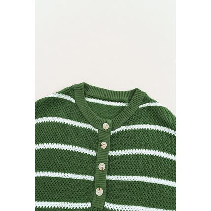 Green Stripe Henley Buttoned Placket Drop Shoulder Bracelet Sleeve Knit Sweater