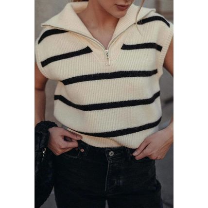 White Stripe Zipped Collar Cap Sleeve Knit Top