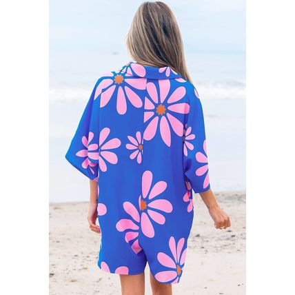 Blue Summer Flower Print Shirt Collar Button Front Loose Romper