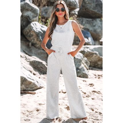 Light Grey Solid Color Crew Neck Drawstring High Waist Sleeveless Jumpsuit